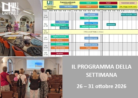 Calendario settimanale dal 26 al 31 ottobre 2026